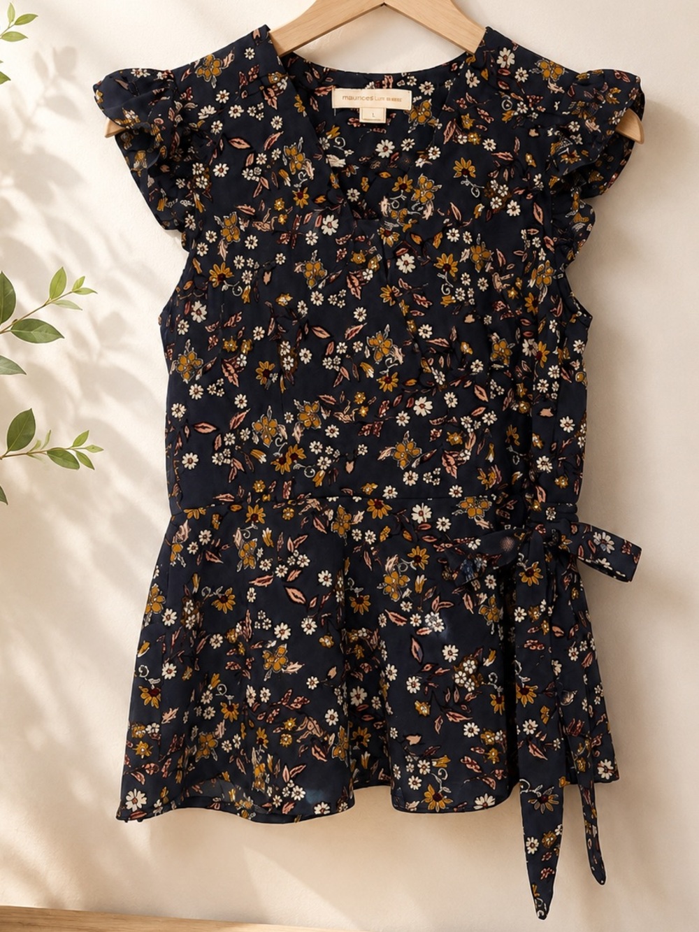 Monteau Navy Floral Ruffle Sleeve Peplum Top
